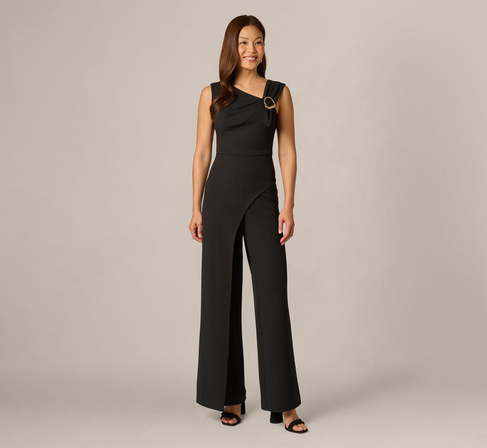 Black Buckle Shoulder Overlay Stretch Jumpsuit - Adrianna Papell