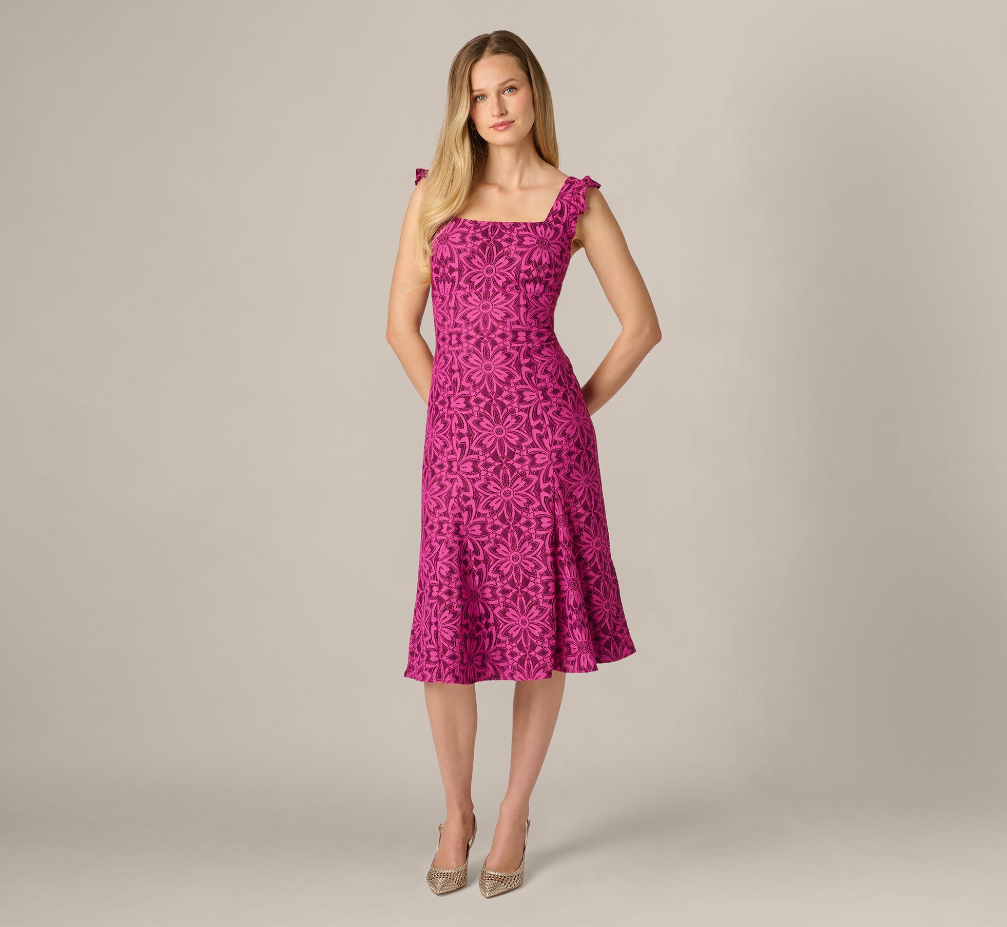 amilia geometric lace midi-dress Karen Millen Amelia Graham Printed Cady Lace Detail Woven Midi Dress in Yellow