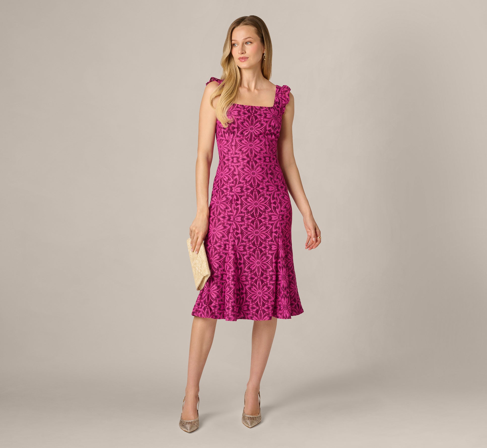 RED Floral Geometric Lace Midi Dress - Adrianna Papell RED Floral Geometric Lace Midi Dress - Adrianna Papell