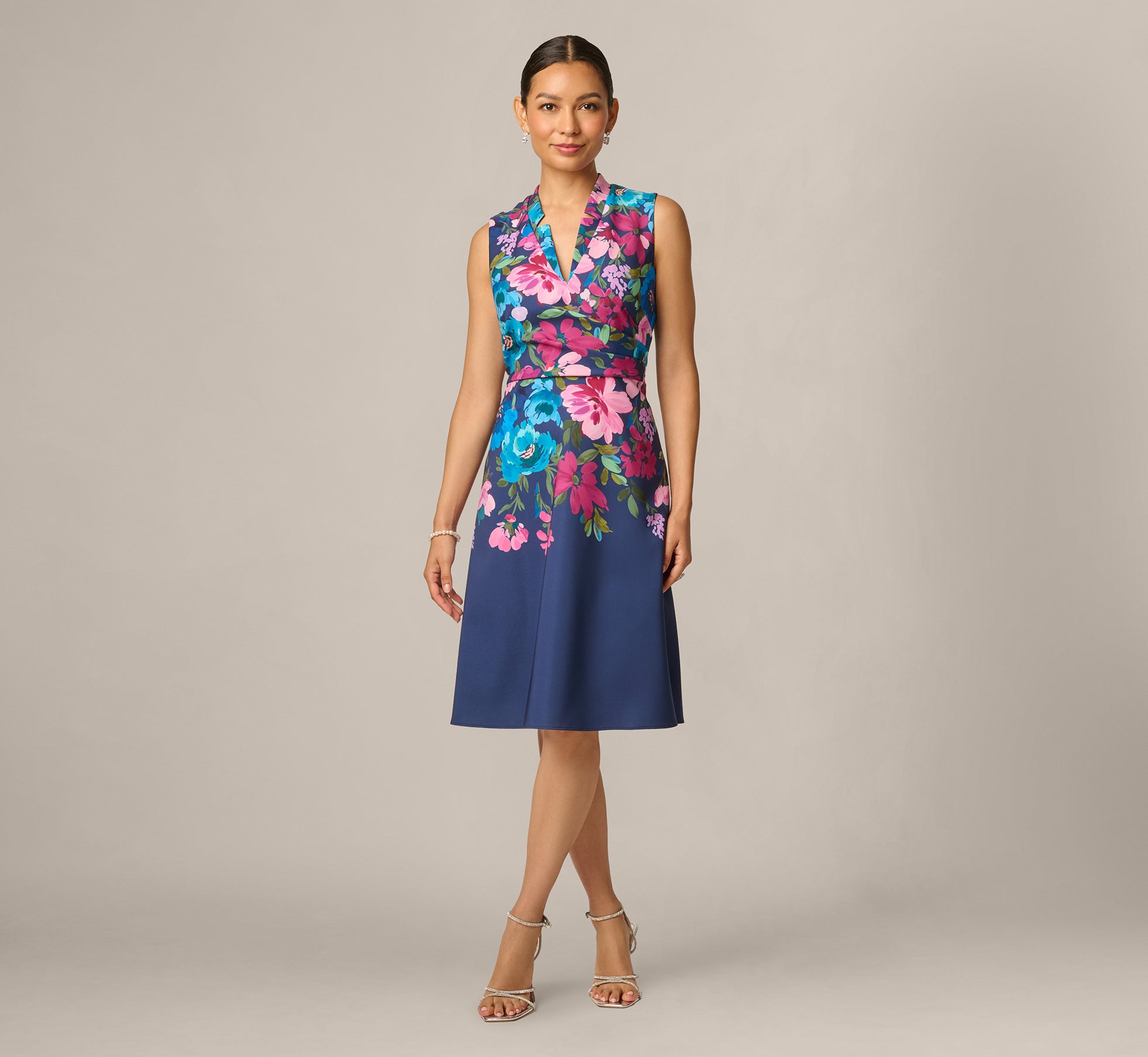 Adrianna Papell Petite Border Floral V-Neck Midi Dress - Navy Multi