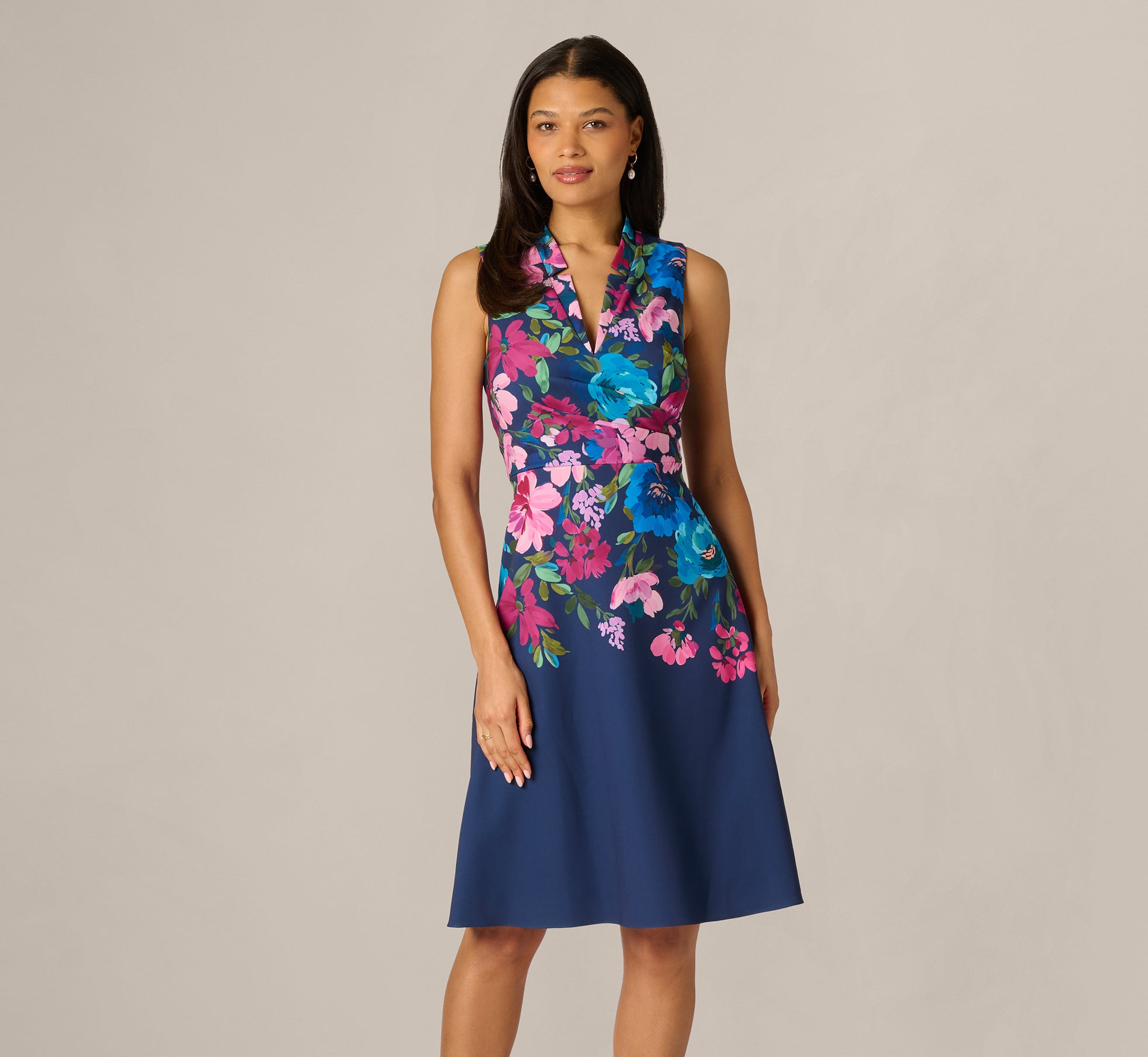 Multi Colored Collared Floral Border Twill Midi Dress - Adrianna