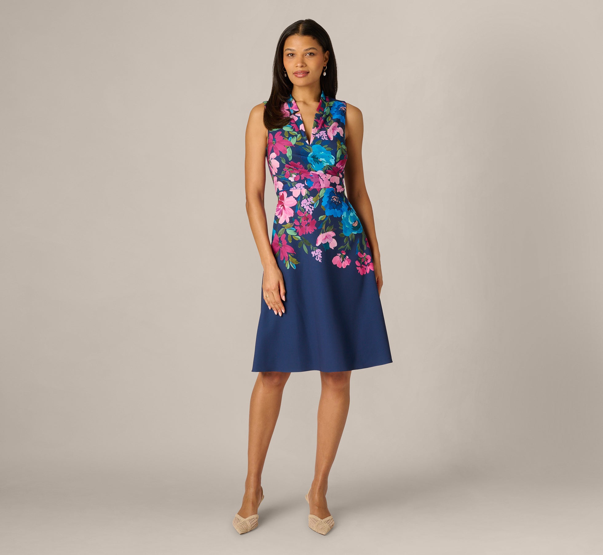 Multi Colored Collared Floral Border Twill Midi Dress - Adrianna