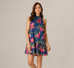 Floral Embroidered Short Trapeze Dress In Navy Pink Multi 2