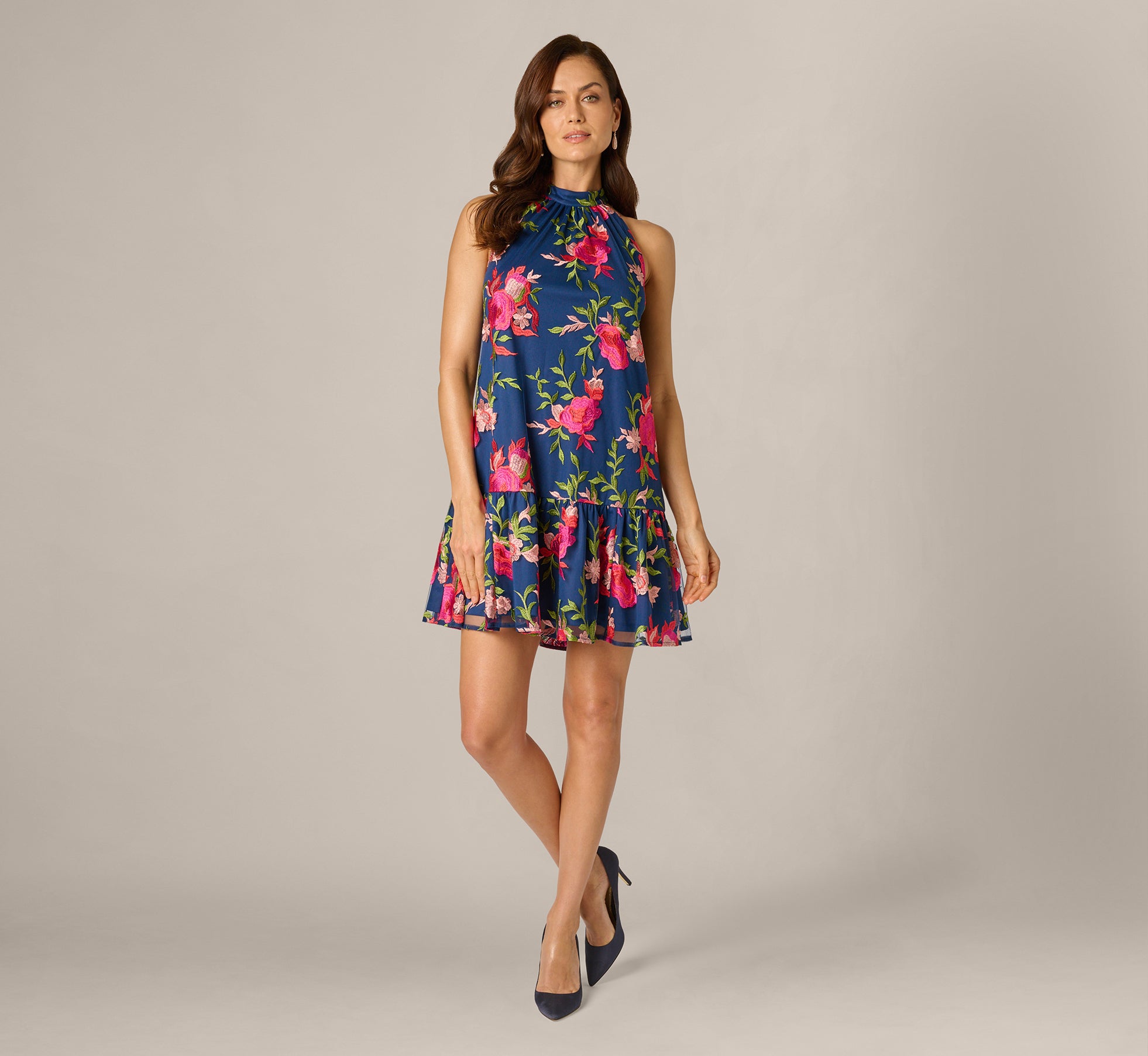 Floral Embroidered Short Trapeze Dress In Navy Pink Multi, Navy/Pink Multi / Regular / 18