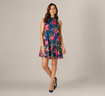 Floral Embroidered Short Trapeze Dress In Navy Pink Multi 7