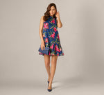 Floral Embroidered Short Trapeze Dress In Navy Pink Multi 1