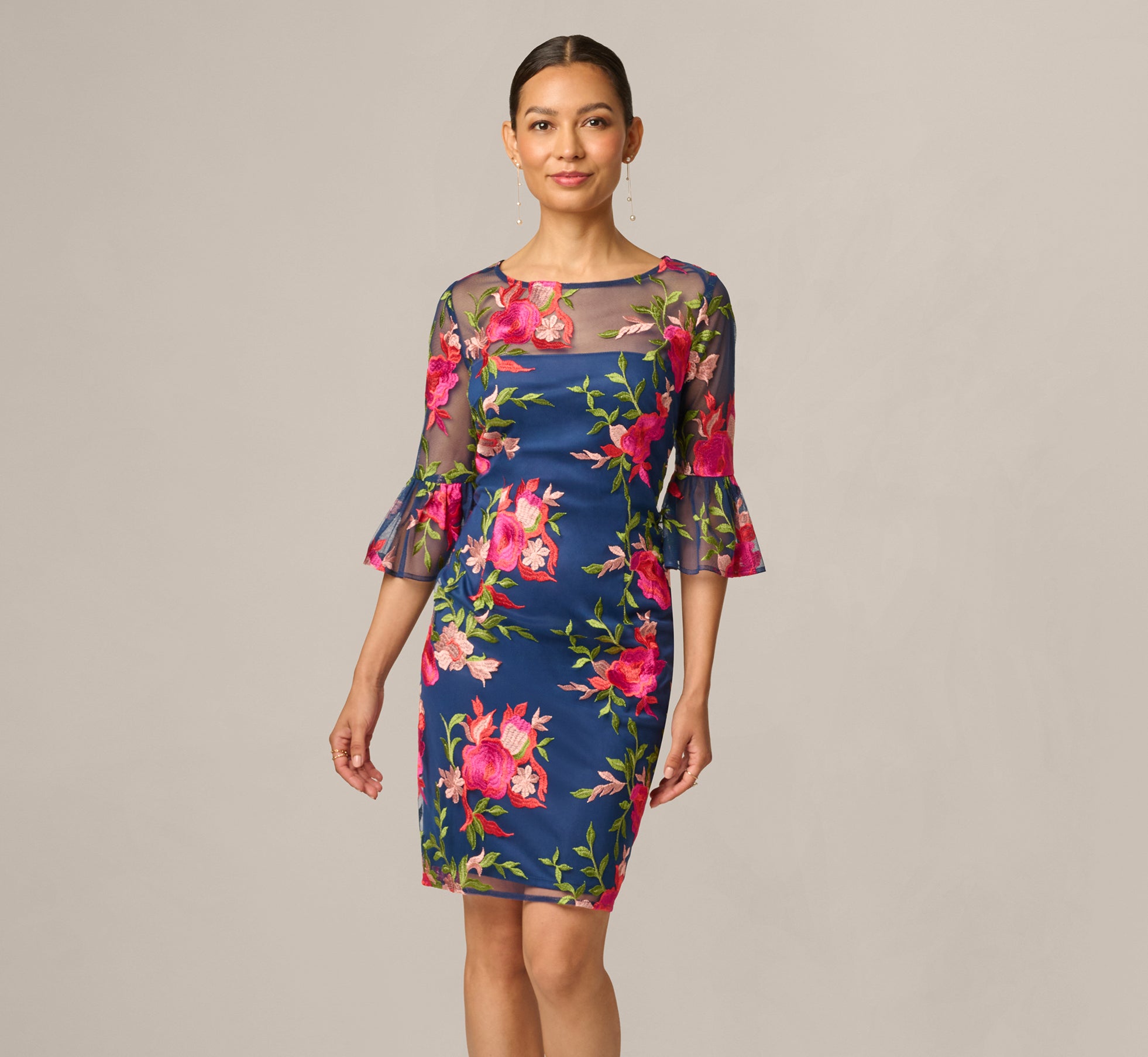 Petite Bell Sleeve Floral Embroidered Illusion Sheath Dress In Navy Pink Multi 1