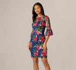 Petite Bell Sleeve Floral Embroidered Illusion Sheath Dress In Navy Pink Multi 2