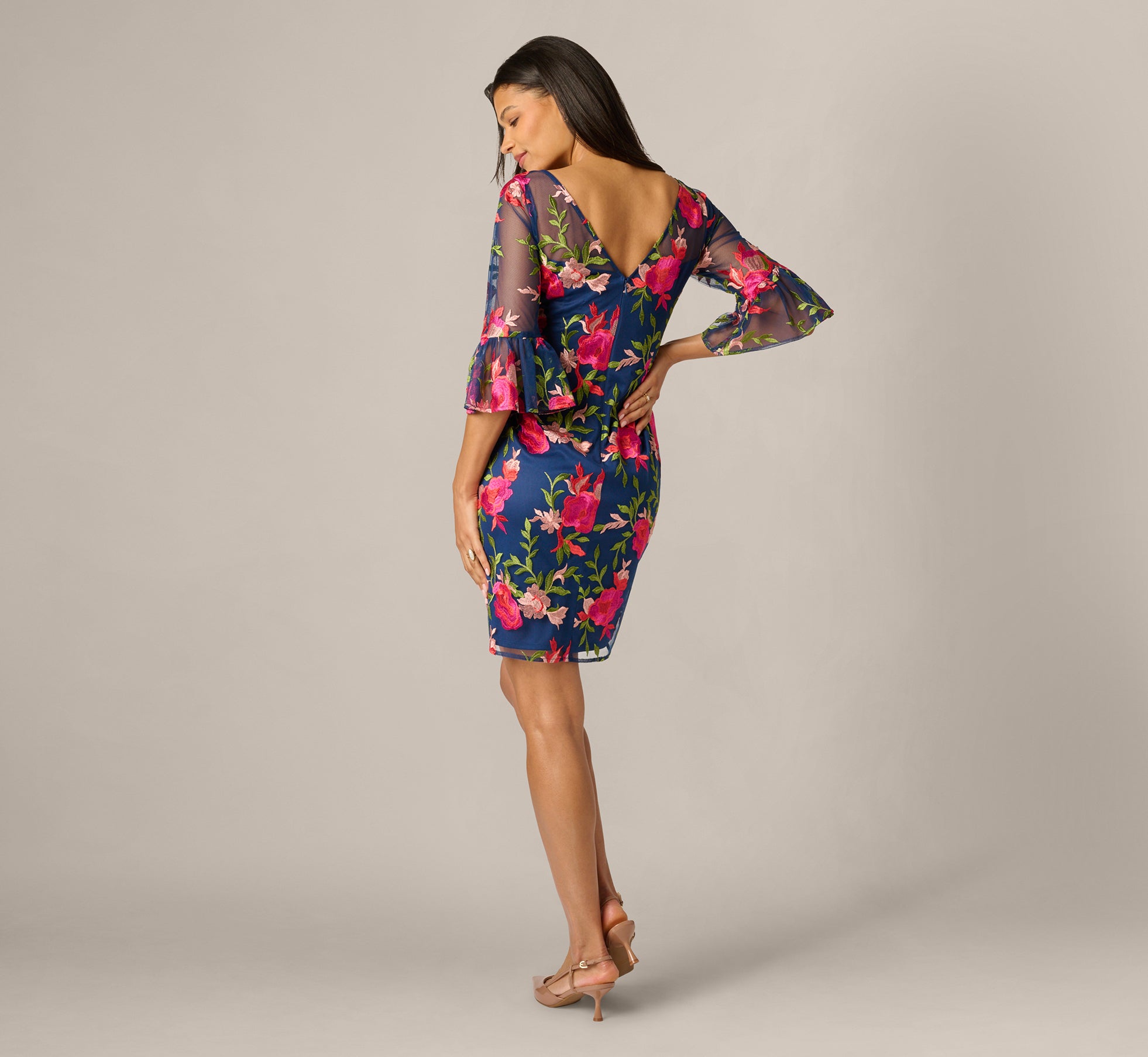Bell Sleeve Floral Embroidered Illusion Sheath Dress In Navy Pink Multi, Navy/Pink Multi / Regular / 20