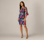 Bell Sleeve Floral Embroidered Illusion Sheath Dress In Navy Pink Multi 7