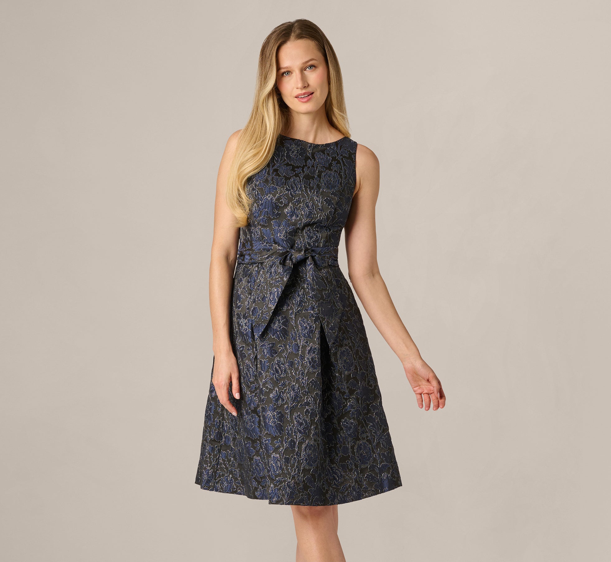 Multi Colored Jacquard Tie Front Fit And Flare Midi Dress - Adrianna Papell Multi Colored Jacquard Tie Front Fit And Flare Midi Dress - Adrianna Papell
