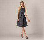 Jacquard Tie Front Fit And Flare Midi Dress In Black Navy 8