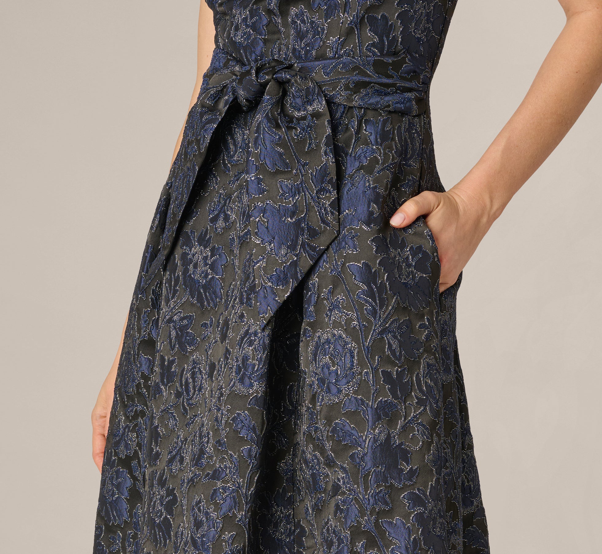 Multi Colored Jacquard Tie Front Fit And Flare Midi Dress