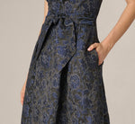 Jacquard Tie Front Fit And Flare Midi Dress In Black Navy 5