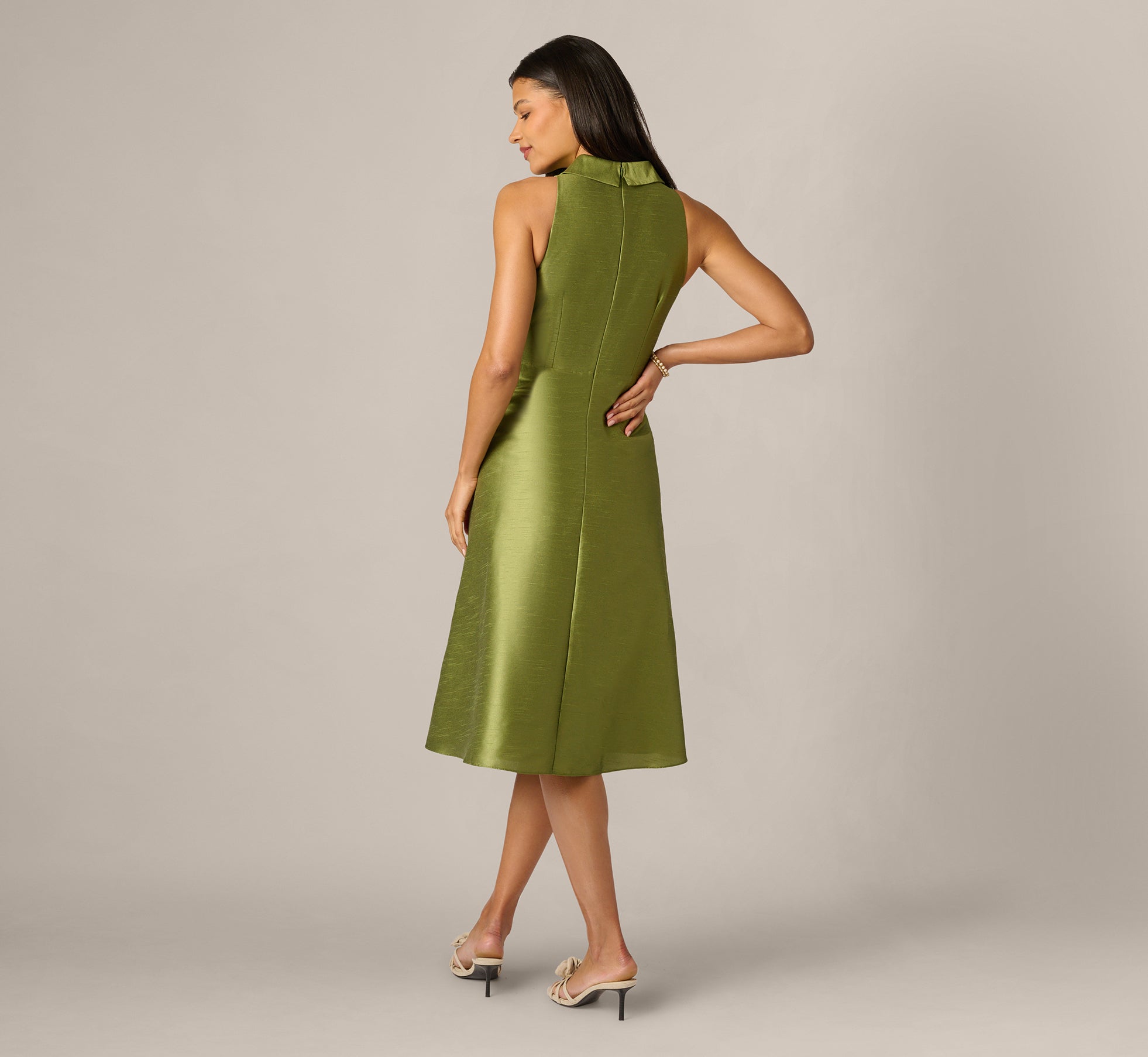 Dupioni Collared Tie Front A Line Midi Dress In Olive, Olive / Regular / 20 Dupioni Collared Tie Front A Line Midi Dress In Olive, Olive / Regular / 20