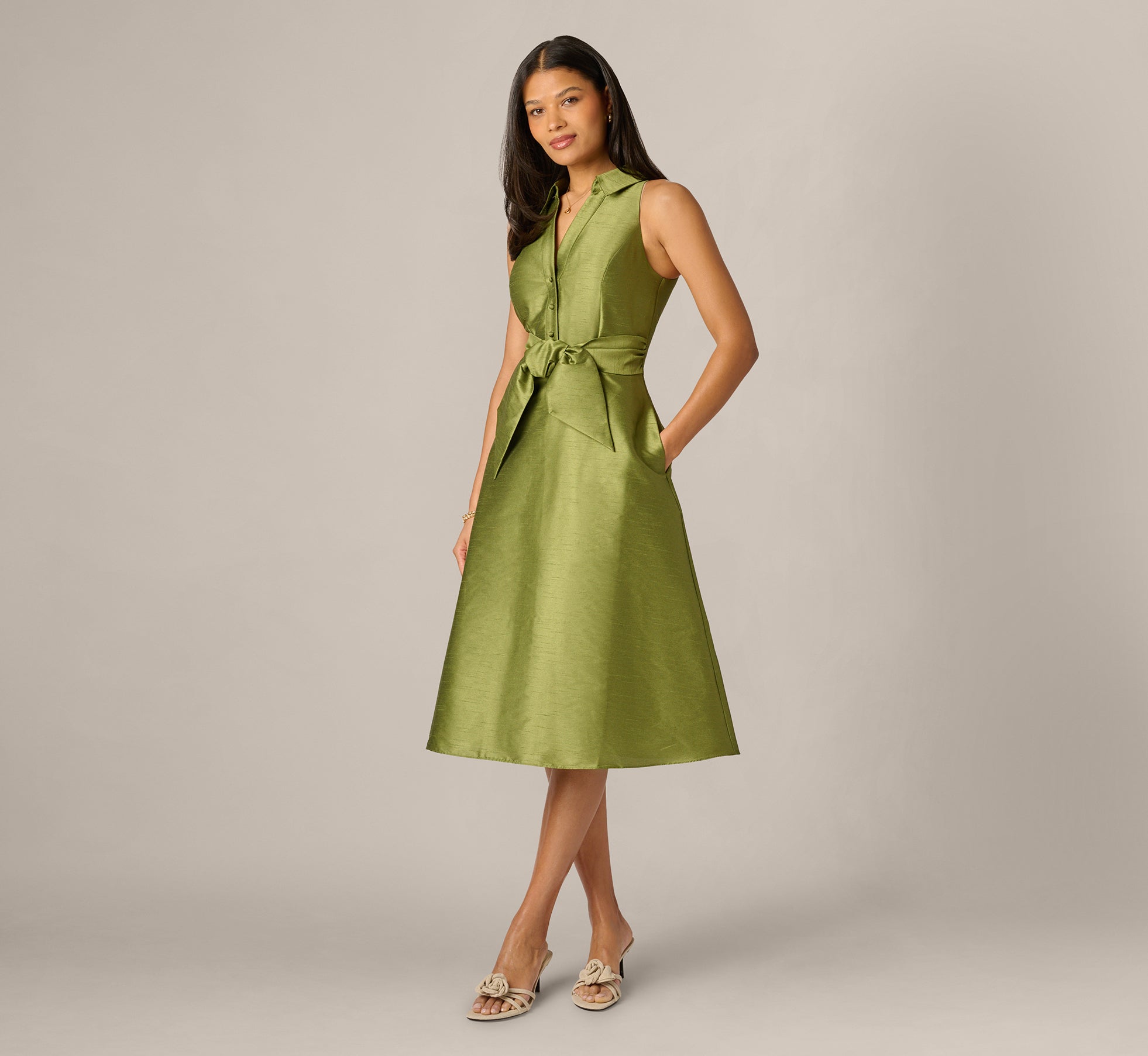 Dupioni Collared Tie Front A Line Midi Dress In Olive, Olive / Regular / 20 Dupioni Collared Tie Front A Line Midi Dress In Olive, Olive / Regular / 20