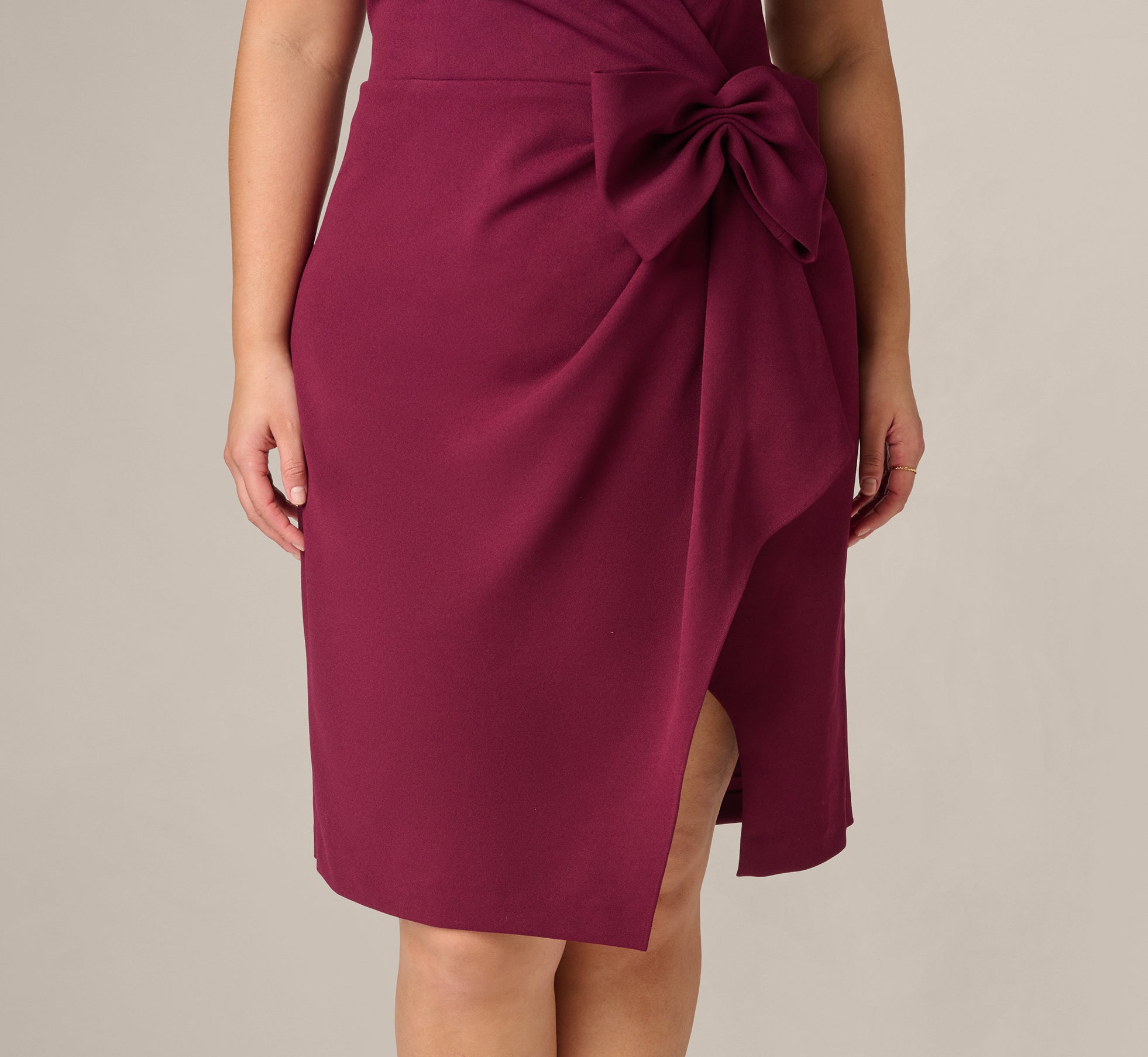 Burgandy Plus Size Bow Accent Stretch Wrap Dress Burgandy Plus Size Bow Accent Stretch Wrap Dress