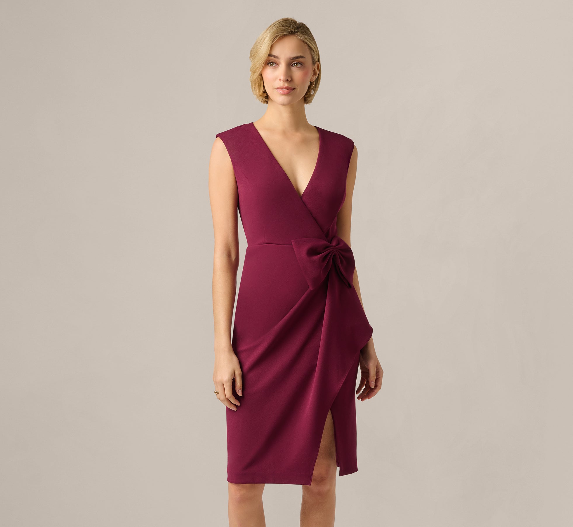 wrap burgundy dress Bow Accent Stretch Wrap Dress In Cabernet, Cabernet / Regular / 18