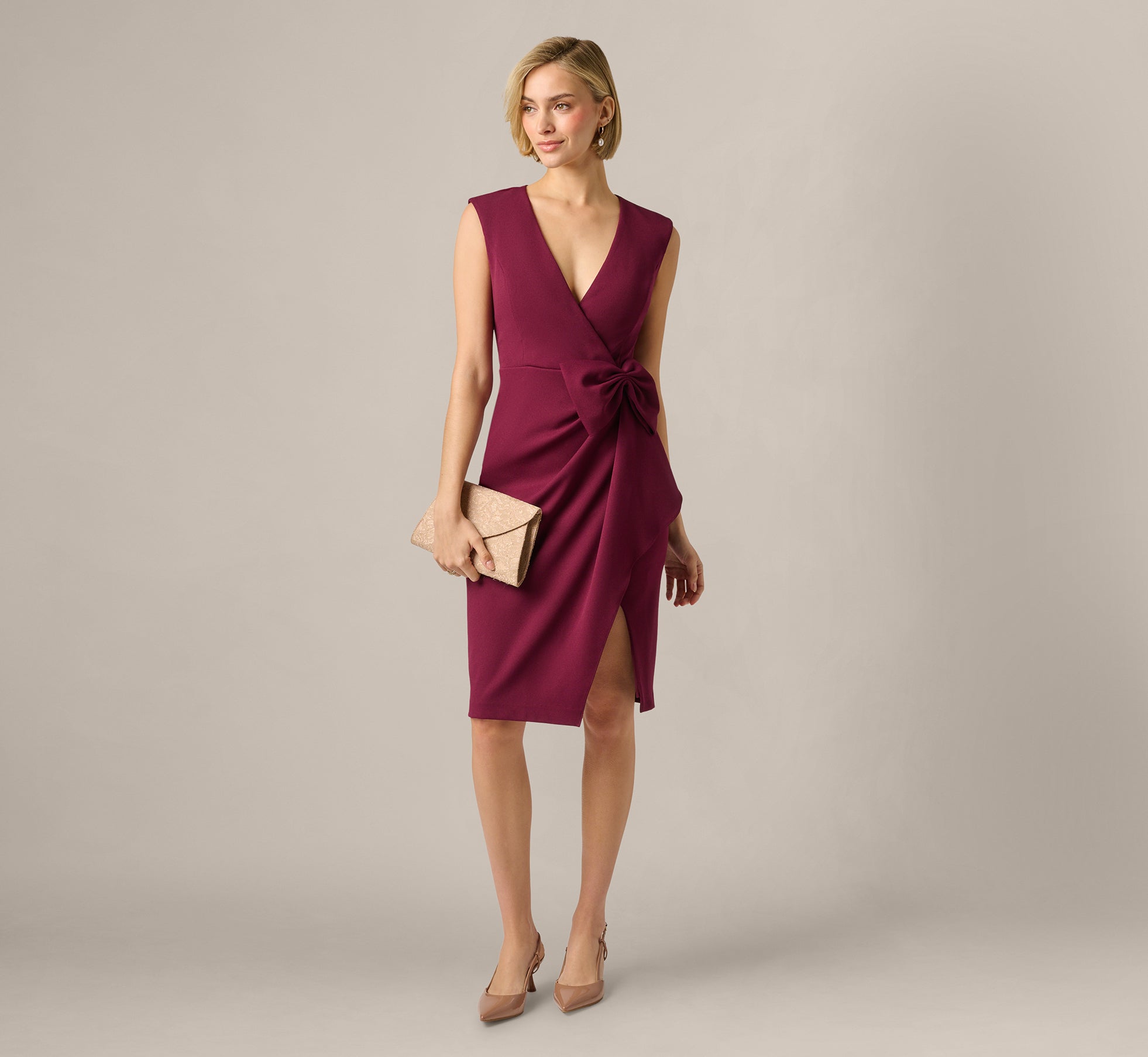 Bow Accent Stretch Wrap Dress In Cabernet 1