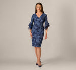 Petite Floral Jacquard Bell Sleeve Sheath Dress In Navy Sateen 2