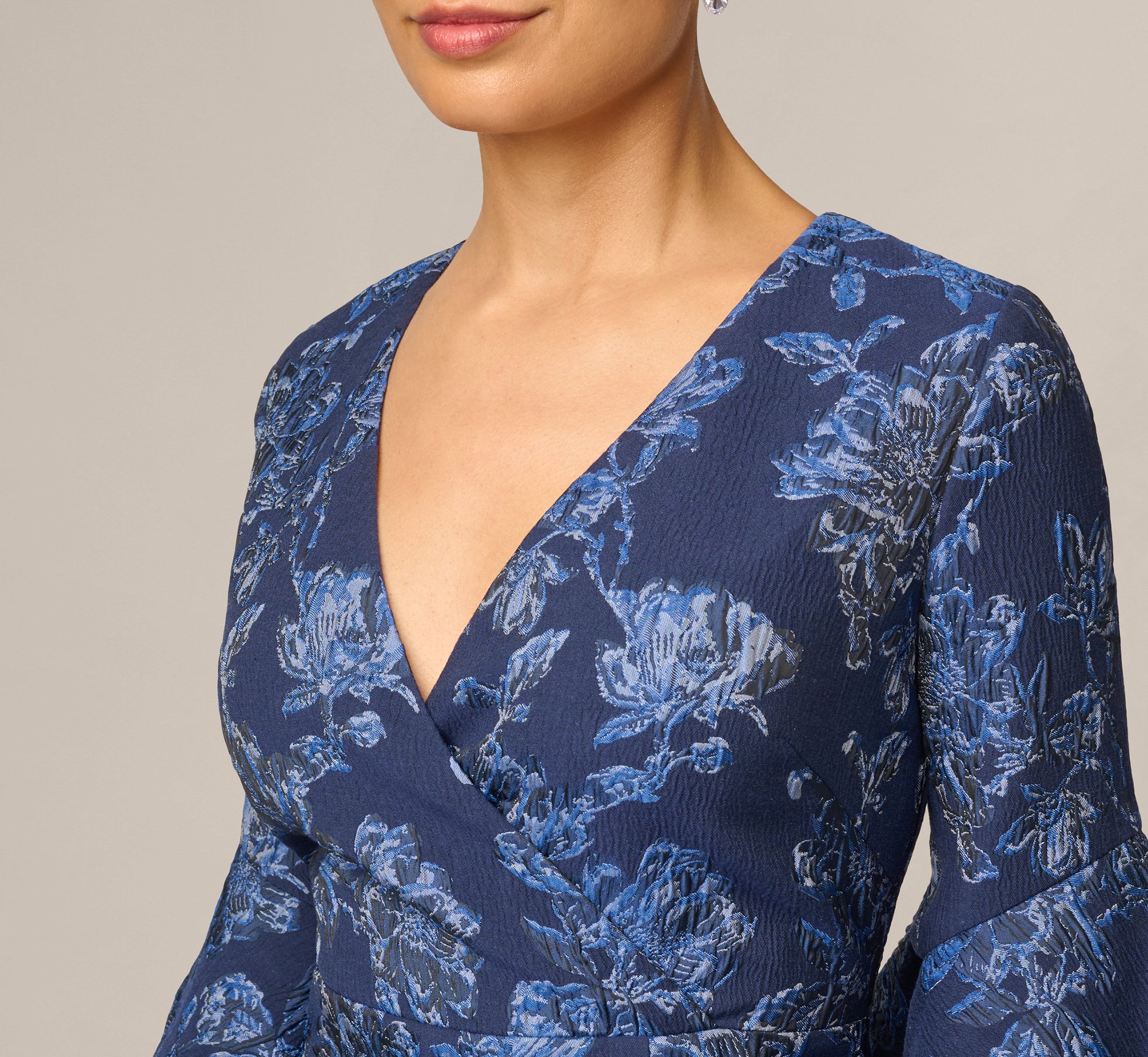 blue floral bell sleeve dress Navy Petite Jacquard Sheath Color:New Brown Gradient