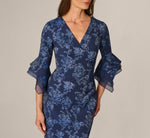 Petite Floral Jacquard Bell Sleeve Sheath Dress In Navy Sateen 3