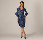 Petite Floral Jacquard Bell Sleeve Sheath Dress In Navy Sateen 1