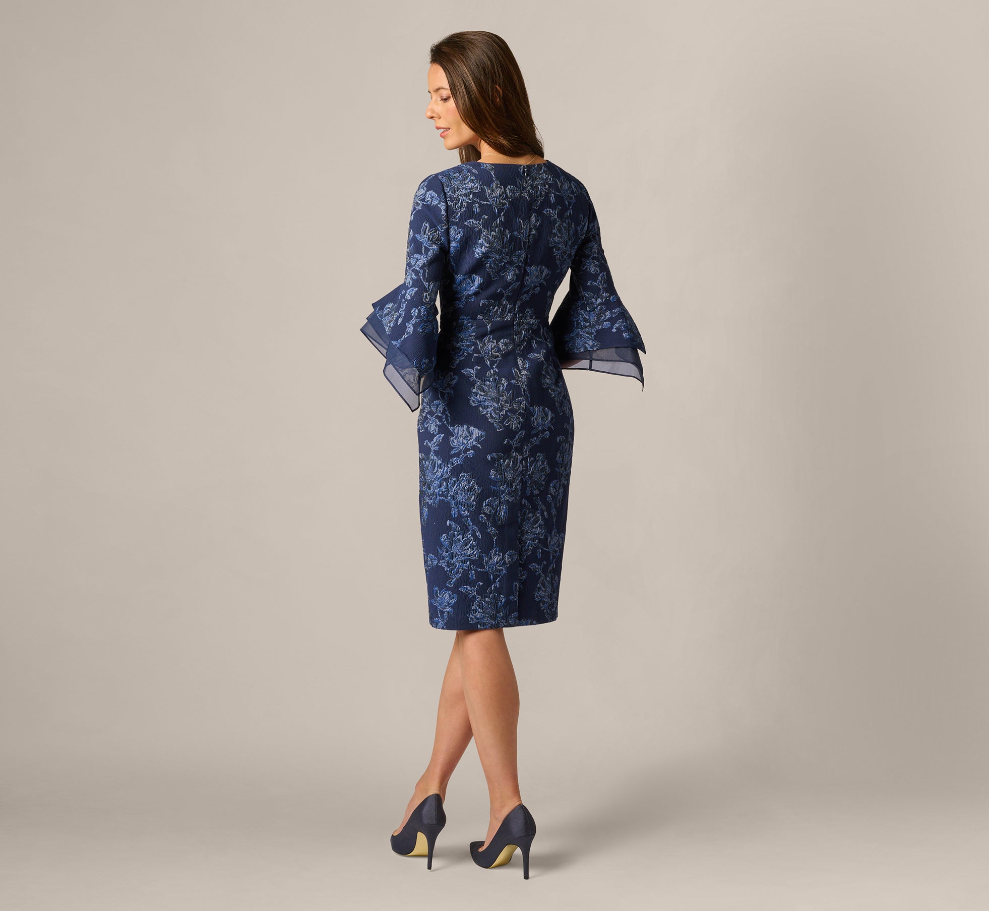 Navy Sateen Floral Jacquard Bell Sleeve Sheath Dress - Adrianna Papell