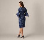 Floral Jacquard Bell Sleeve Sheath Dress In Navy Sateen 5