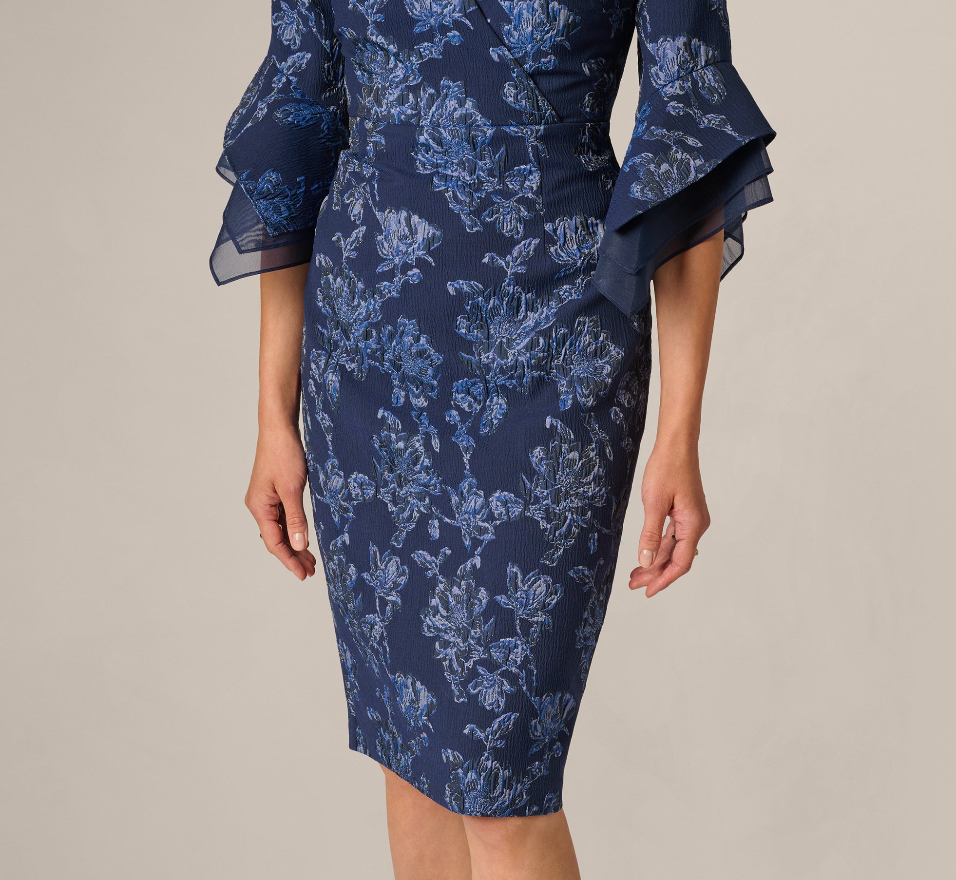 Navy Floral Jacquard Bell Sleeve Sheath Dress - Adrianna Papell Navy Floral Jacquard Bell Sleeve Sheath Dress - Adrianna Papell