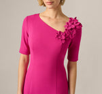 Short Sleeve 3D Floral Stretch Crepe Sheath Dress In Bright Magenta 3