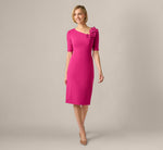Short Sleeve 3D Floral Stretch Crepe Sheath Dress In Bright Magenta 7