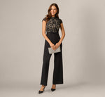 Cap Sleeve Bow Waist Lace Combo Jumpsuit In Black Nude 2