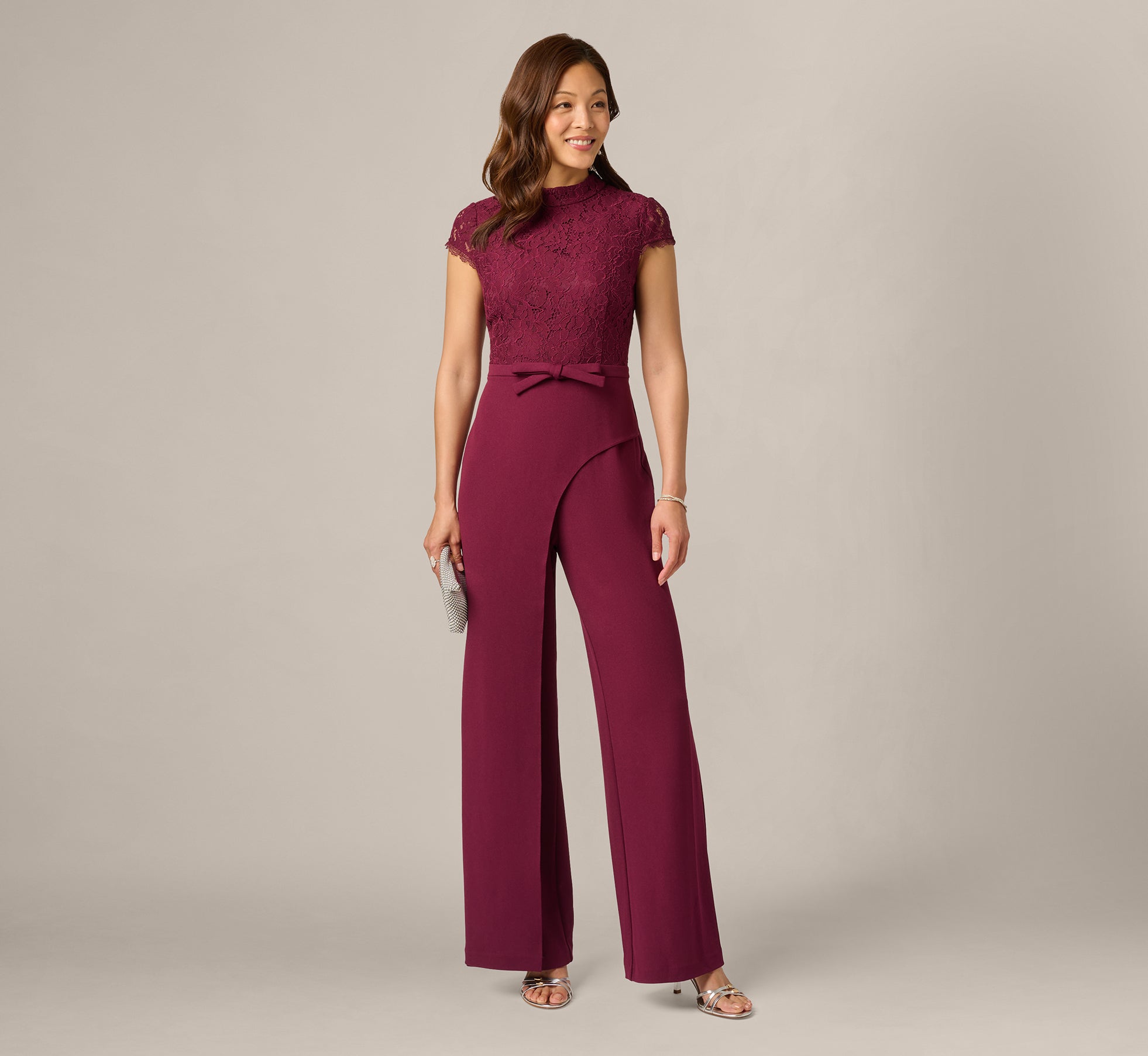 Cap Sleeve Bow Waist Lace Combo Jumpsuit In Cabernet 1