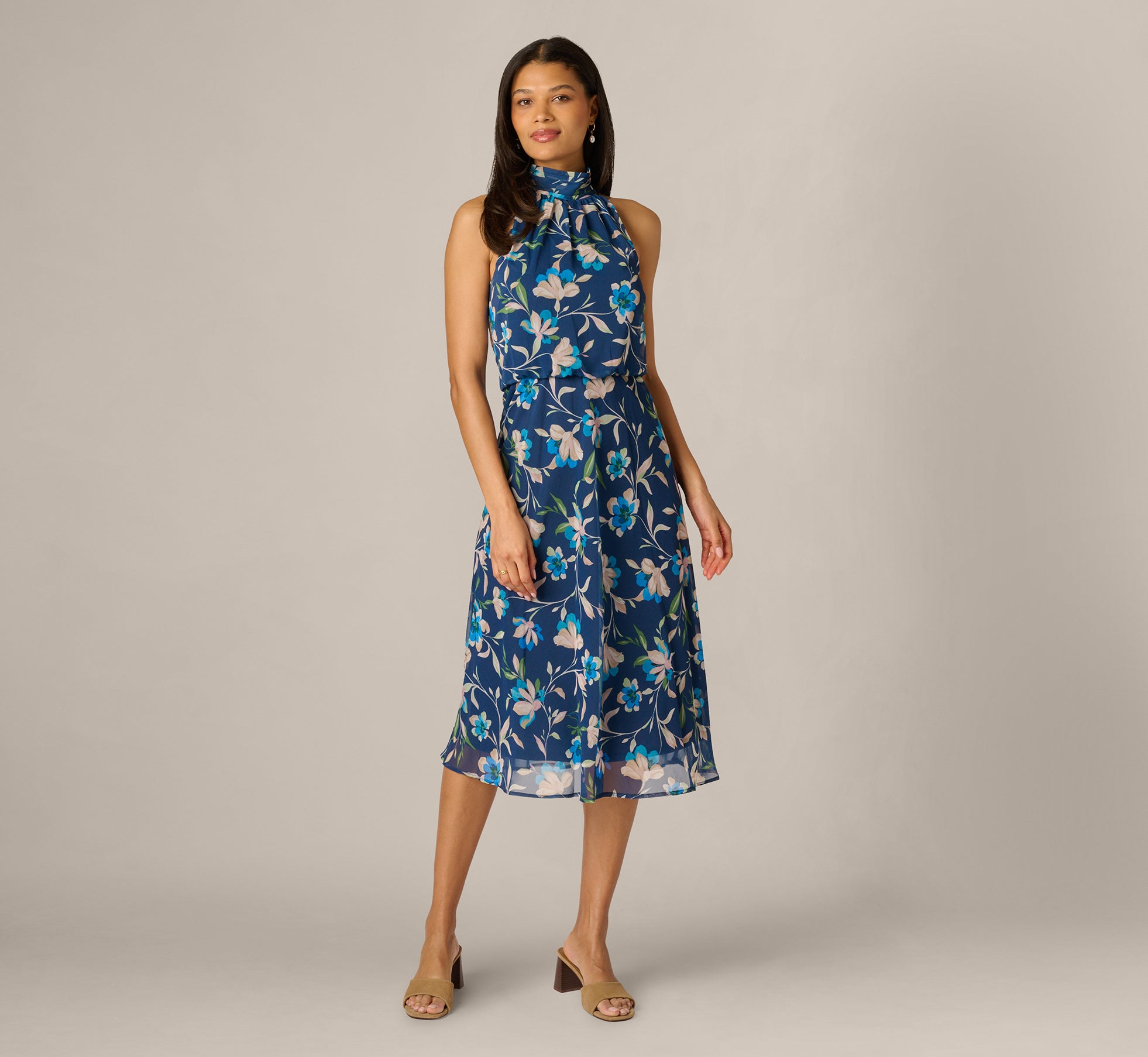sandrine floral halter midi dress Floral Crinkle Chiffon Halter Midi Dress In Navy Multi, Navy Multi / Regular / 6