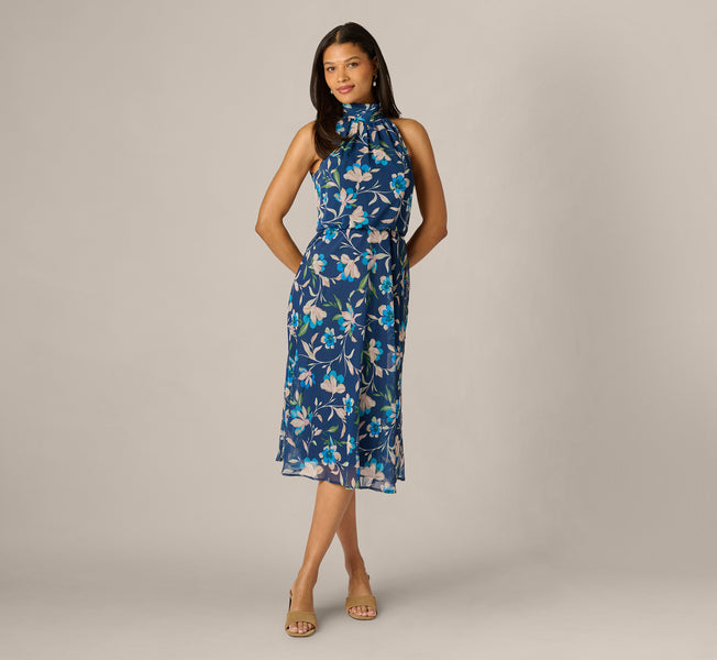 Floral Crinkle Chiffon Halter Midi Dress In Navy Multi, Navy Multi / Regular / 6