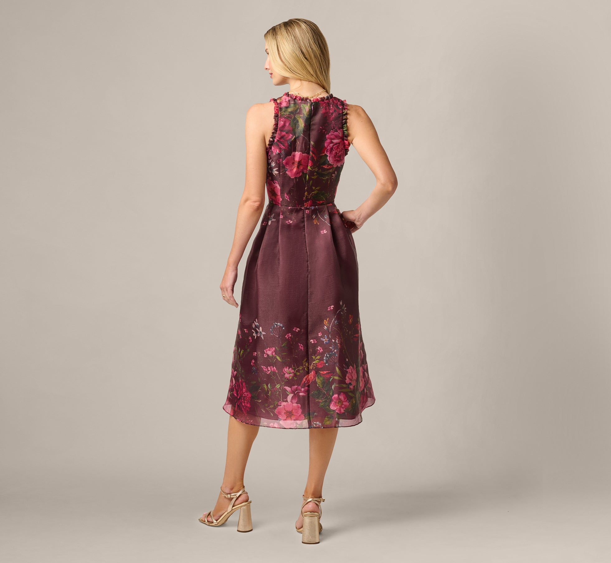 Floral Organza Ruffle Midi Dress In Burgundy Multi, Burgundy Multi / Regular / 6