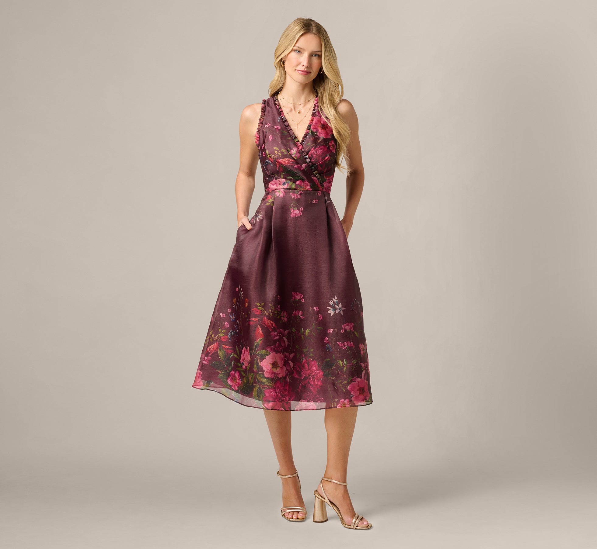 Floral Organza Ruffle Midi Dress In Burgundy Multi 1