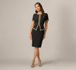 Petite Short Sleeve Pearly Trim Peplum Stretch Sheath Dress In Black 2