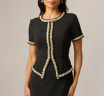 Petite Short Sleeve Pearly Trim Peplum Stretch Sheath Dress In Black 3