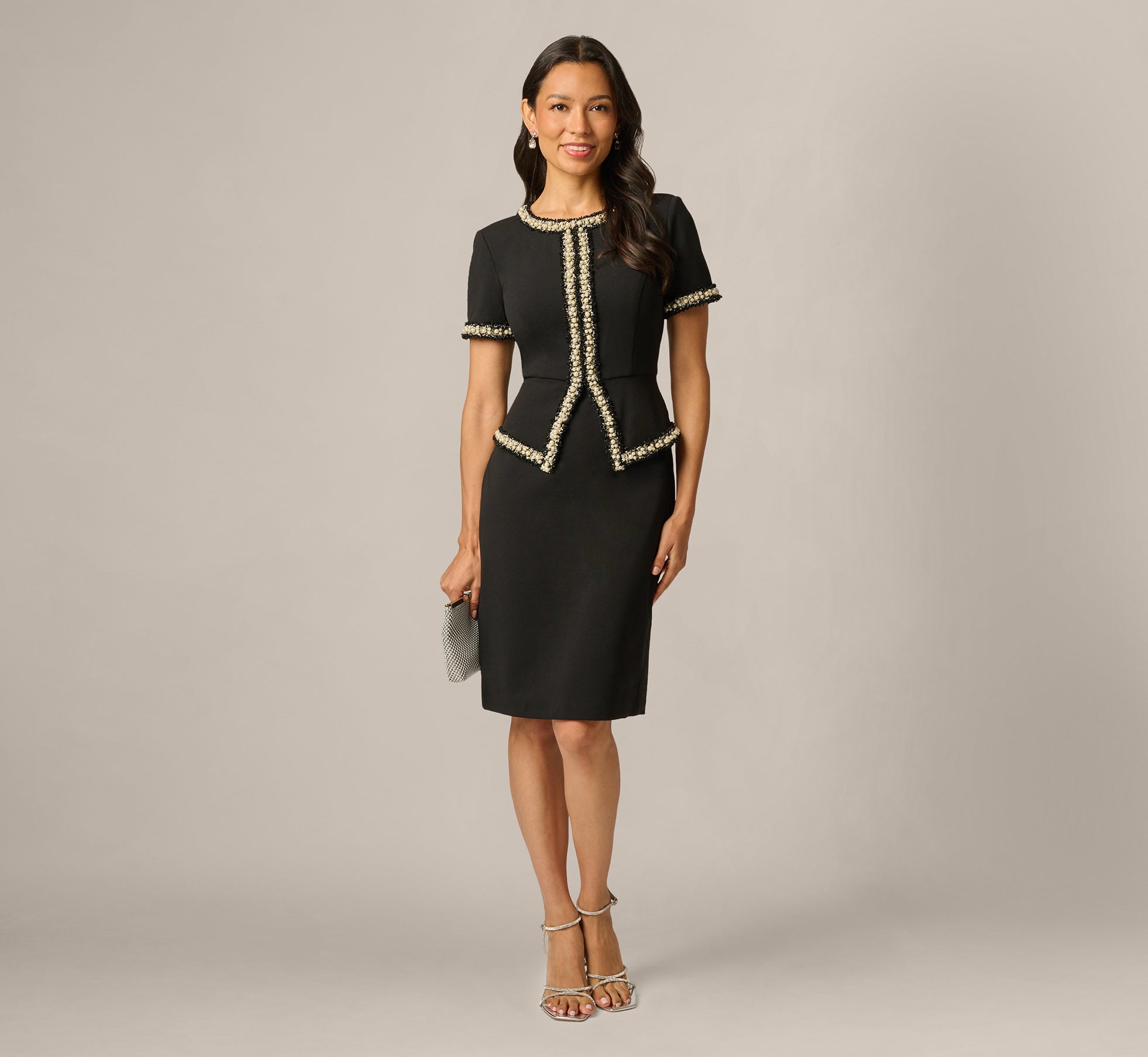 Petite Short Sleeve Pearly Trim Peplum Stretch Sheath Dress In Black 1