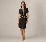 Petite Short Sleeve Pearly Trim Peplum Stretch Sheath Dress In Black 1