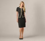 Short Sleeve Pearly Trim Peplum Stretch Sheath Dress In Black 2