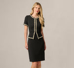 Short Sleeve Pearly Trim Peplum Stretch Sheath Dress In Black 6