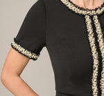 Short Sleeve Pearly Trim Peplum Stretch Sheath Dress In Black 4