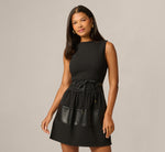 Faux Leather Trim Tie Front Stretch Mini Dress In Black 2