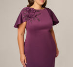 Plus Size Cape Sleeve 3D Floral Stretch Sheath Dress In Pinot Noir 3