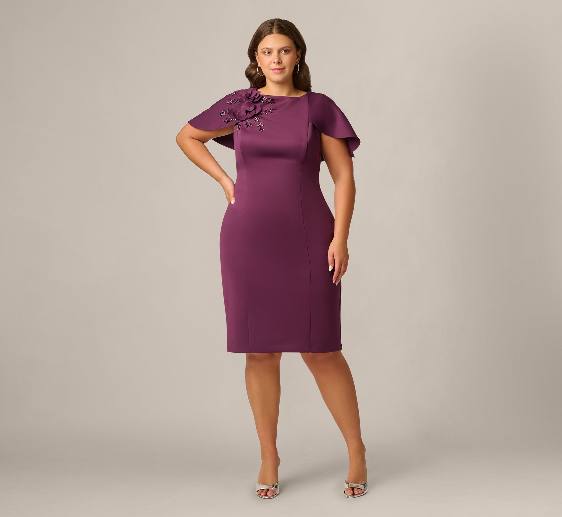 Plus Size Cape Sleeve 3D Floral Stretch Sheath Dress In Pinot Noir 1