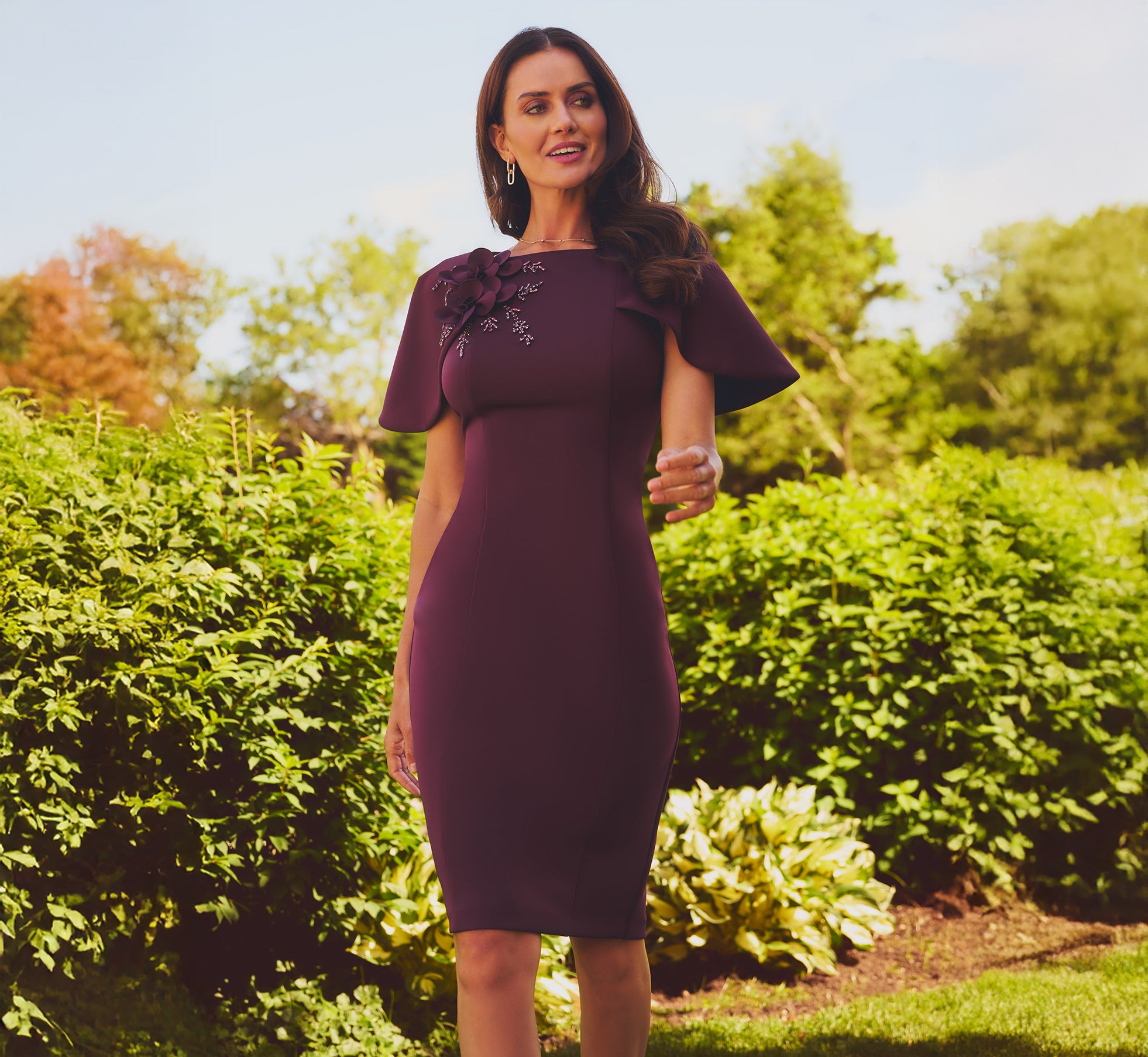 Cape Sleeve 3D Floral Stretch Sheath Dress In Pinot Noir 1