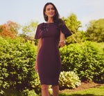 Cape Sleeve 3D Floral Stretch Sheath Dress In Pinot Noir 1